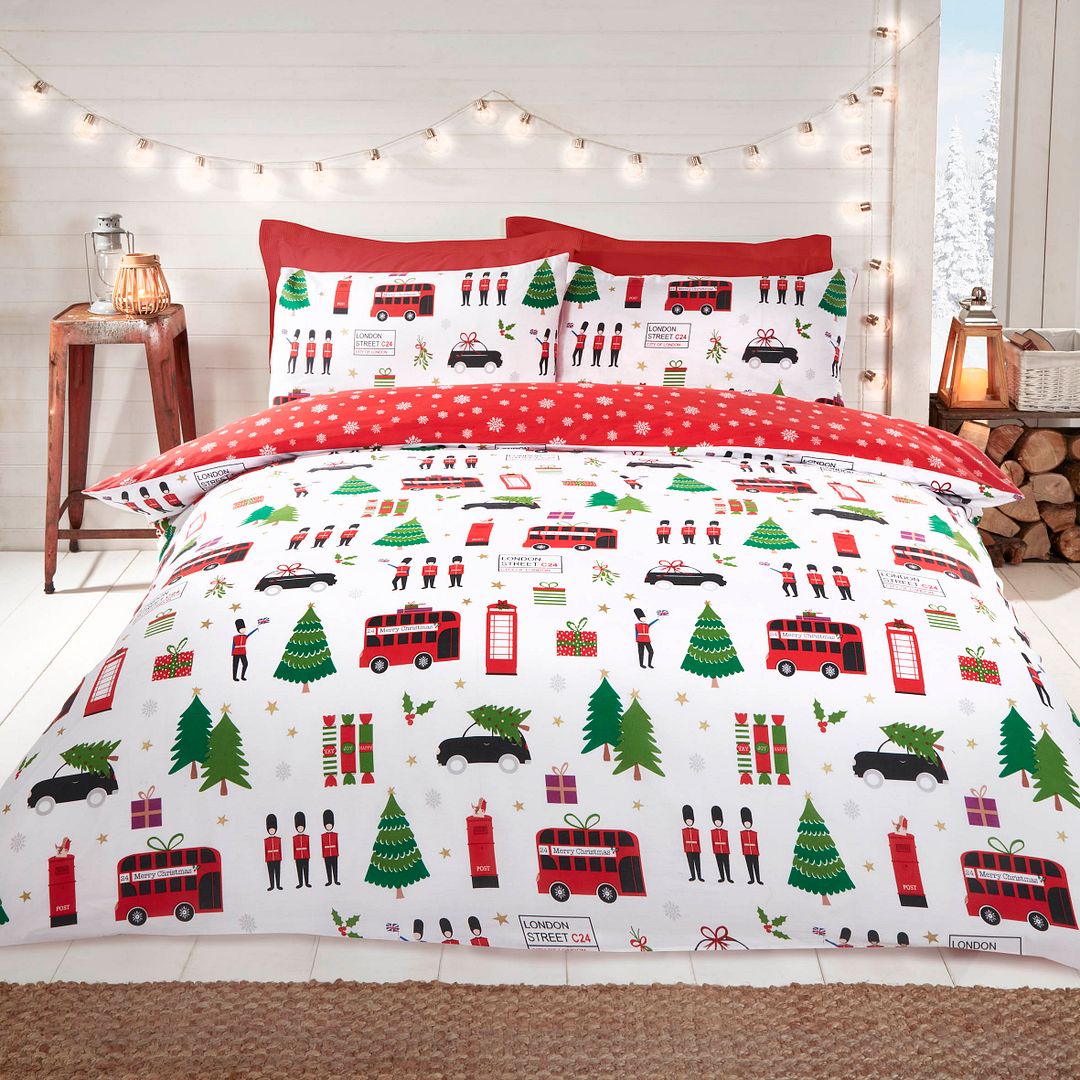 London Christmas Collage Reversible Duvet Quilt Cover Bedding Set